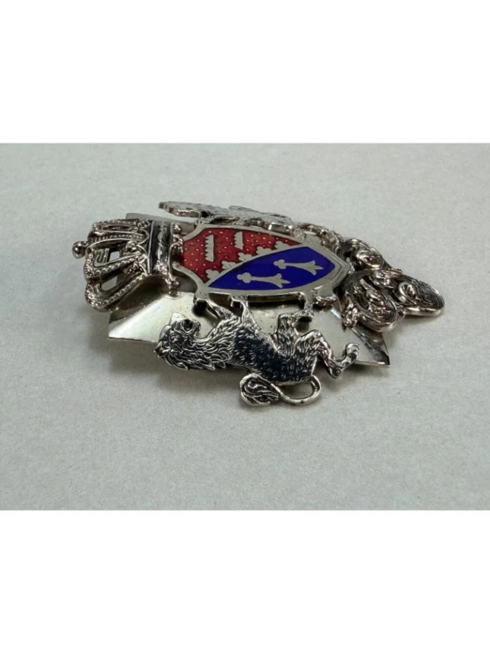 Vintage Marino Heraldic Crest Lions Crown Shield Brooch Enamel Silver Tone